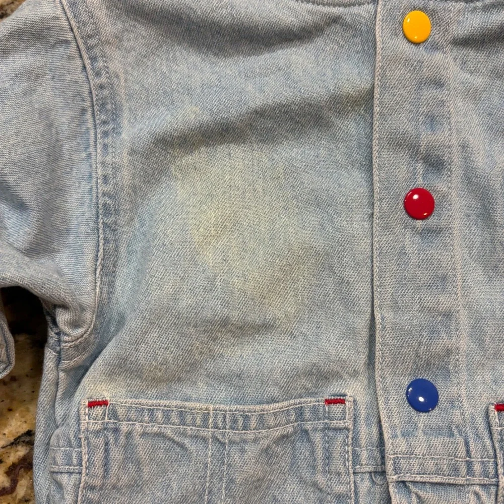 Vintage Gymboree Denim Jacket Infant NB Light Wash Hooded Truck Patch Blue Red v
